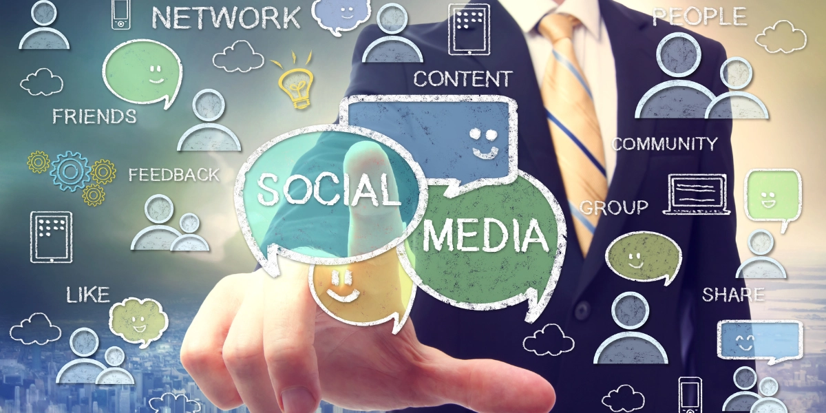 Social media strategy concept with icons and symbols including like, share, and community, displayed around a person pointing to the words 'SOCIAL MEDIA.'